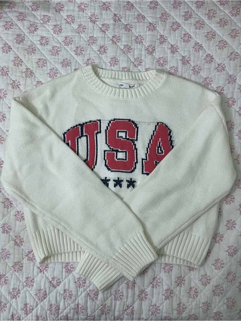 White Crewneck Sweater with USA Graphic